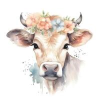 adorable aquarelle vache avec fleur couronne pour enfants livre illustration photo