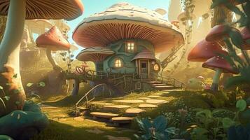 enchanté théière maison dans une magique forêt avec Soleil des rayons et champignon des arbres photo