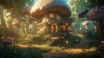 enchanté théière maison dans une magique forêt avec Soleil des rayons et champignon des arbres photo