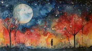 lune et étoiles aquarelle collage pour Accueil décor photo