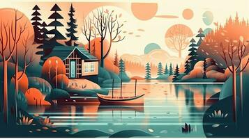 enchanteur dessin animé maison dans le forêt avec une bateau sur le Lac photo