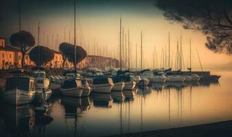 éthéré le coucher du soleil port avec amarré voiliers dans Bardolino Italie photo