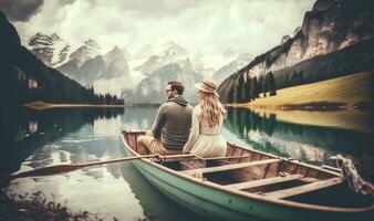 romantique Date sur une serein alpin Lac avec une aimant couple dans une bateau photo