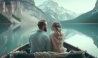 romantique Date sur une serein alpin Lac avec une aimant couple dans une bateau photo