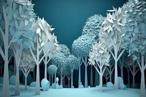 papier forêt sur bleu Contexte une capricieux 3d rendre de une papier forêt arbre photo