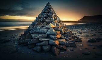éthéré le coucher du soleil des pierres pyramide sur rivage rêveur Contexte photo