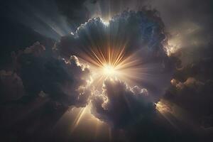 cinématique sunburst des nuages avec doux concentrer et photoréaliste éclairage photo