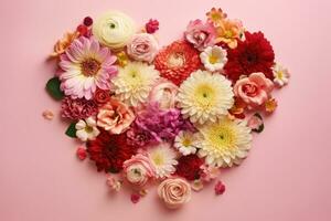 en forme de cœur les mères journée fleur arrangement sur lumière rose Contexte photo