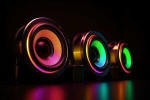 vibrant néon stéréo haut-parleurs sur foncé Contexte photo