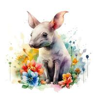 coloré aquarelle La peinture de un adorable bébé Aardvark dans une fleur champ photo