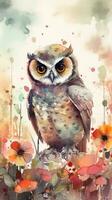 coloré aquarelle La peinture de une mignonne bébé hibou dans une fleur champ pour art impressions et salutation cartes photo