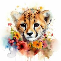 coloré aquarelle La peinture de une mignonne bébé guépard dans une fleur champ photo