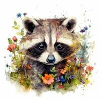 enchanteur bébé raton laveur dans une coloré fleur champ aquarelle La peinture photo