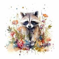 enchanteur bébé raton laveur dans une coloré fleur champ aquarelle La peinture photo