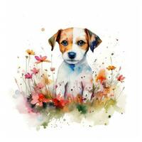 attachant chiot dans une coloré fleur champ aquarelle La peinture photo