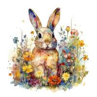 aimable lapin dans une coloré fleur champ aquarelle La peinture photo