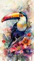 aimable bébé toucan dans une coloré fleur champ pour art impressions et salutation cartes génératif ai photo