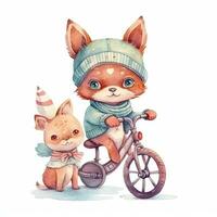 adorable aquarelle esquisser de une tricoté kawaii bébé animal équitation une bicyclette pour enfants livre photo