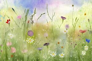 vibrant aquarelle Prairie avec fleurs sauvages photo