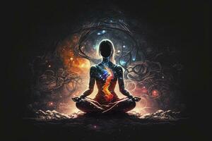 méditer femme de liaison avec le univers dans lotus pose photo