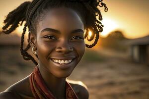 radiant africain femme souriant à le coucher du soleil photo