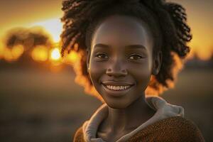 radiant africain femme souriant à le coucher du soleil photo