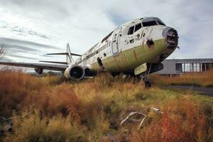 abandonné aéroport dans délabrement avec trop développé herbe et effritement bâtiments génératif ai photo