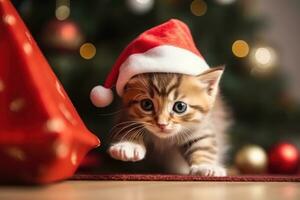 espiègle Noël scène avec fille et chaton en dessous de arbre photo