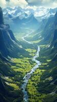 panoramique vue de luxuriant vert vallée avec enneigé pics ai généré photo