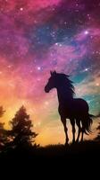 silhouette de une Licorne dans une pastel galaxie ciel ai généré photo