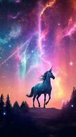 silhouette de une Licorne dans une pastel galaxie ciel ai généré photo