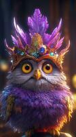 coloré animation petit hibou avec plumeux couronne ai généré photo