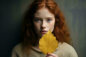 Jeune femme en portant une Jaune feuille dans sa main ai généré photo