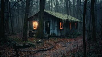 abandonné cabine dans le les bois une foncé et sinistre atmosphère photo