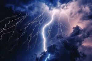 électricité dans le ciel une très détaillé illustration de une foudre boulon pendant une orage génératif ai photo