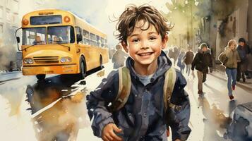 aquarelle scène de une jardin d'enfants embarquement une école autobus pour le premier temps ai généré photo