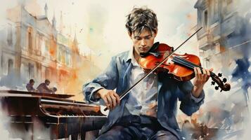 aquarelle image de une étudiant joindre le école orchestre ai généré photo