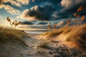 d'or heure plage avec le sable dunes et lumière des nuages ai généré photo