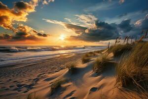 d'or heure plage avec le sable dunes et lumière des nuages ai généré photo