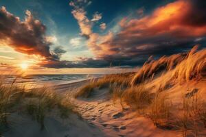 d'or heure plage avec le sable dunes et lumière des nuages ai généré photo