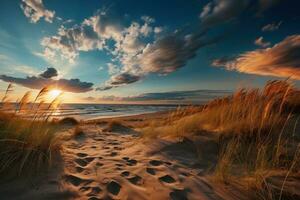 d'or heure plage avec le sable dunes et lumière des nuages ai généré photo
