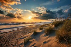 d'or heure plage avec le sable dunes et lumière des nuages ai généré photo