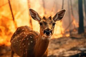 échapper de le flammes fermer de une cerf fuite une forêt Feu photo