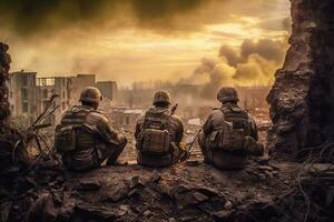 courageux ukrainien troupes regarder à le ruines de le déchiré par la guerre combat zone ai généré photo