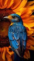 extrême fermer de une magnifique tournesol avec une jolie bleu oiseau repos sur il ai généré photo