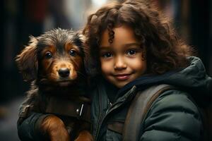 content teckel chien avec une peu fille à l'intérieur une maison ai généré photo