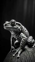 noir et blanc grenouille sur foncé Contexte dans plein concentrer génératif ai photo