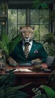 jaguar dans une affaires costume dans une sur le thème de la jungle Bureau ai généré photo