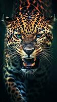 féroce jaguar dans foncé grungeon Contexte génératif ai photo