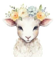 délicat aquarelle agneau visage sur une fleur couronne ai généré photo